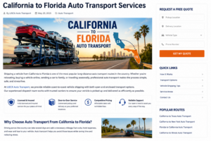 Car carrier transporting multiple vehicles on a highway for California to Florida auto transport service, featuring coast-to-coast vehicle shipping by LISCA Auto Transport.